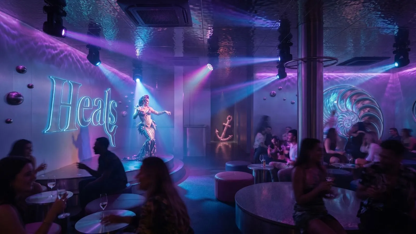 The Heals Phuket stage: neon Heals sign on the rippled metal wall, a performer in a mermaid gown